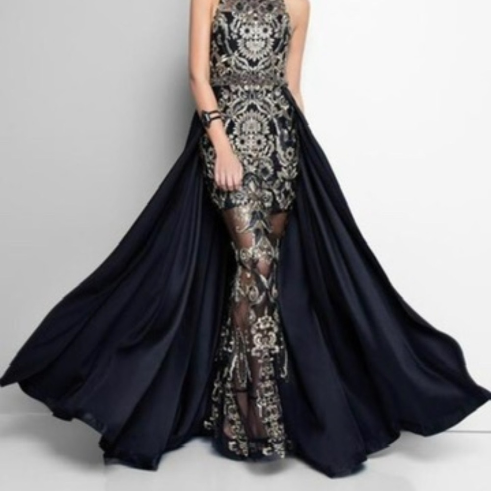 Terani Couture Black & Gold Embroidered Halter Gown - Stunning!